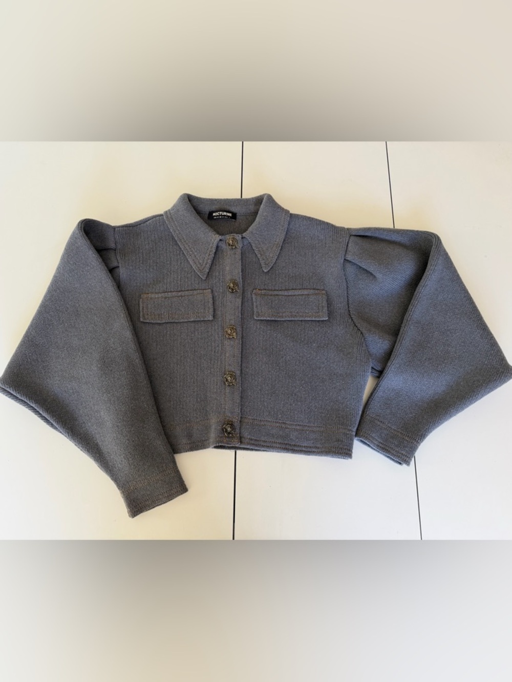 Nocturne Cropped Snap Front Knit Jacket in Charcoal Gray L